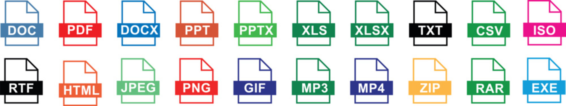 Document icon set, file type vector in various file formats including DOC, PDF, DOCX, PPT, PPTX, XLS, XLSX, TXT, CSV, ISO, RTF, HTML, JPEG, PNG, GIF, MP3, MP4, ZIP, RAR, EXE
