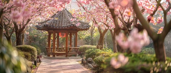 Serene Beauty of Blooming Cherry Blossoms in a Tranquil Garden