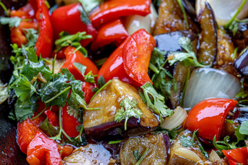 Grilled vegetable salad with zucchini, eggplant, onion, pepper and tomato