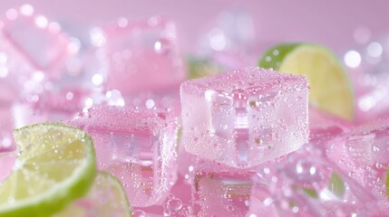 Gummy bear ice cubes in playful pink and green colors, clear glass background, lime slice garnish, glistening with water droplets, creating a whimsical and colorful composition.
