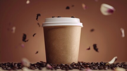 floating brown coffee cup with white lid surrounded by scattered rose petals and coffee beans in a cinematic product photography style with a warm brown background