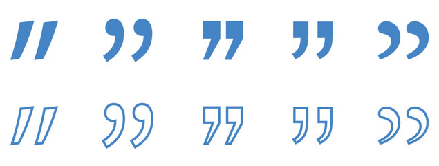 set of blue quote mark symbol. quotes vector set. quotation marks and speech bubbles outline set. inverted commas, talking marks, and quote icons collection. vector illustration