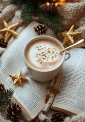 Cozy coffee cup with holiday decorations and a book on a warm knit blanket during winter