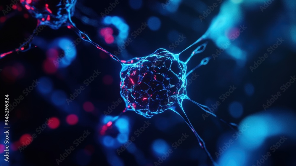 Poster detailed view of blue and red neurons depicting synapse activity in a neural network