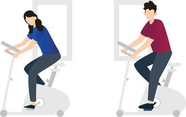 Boy and girl cycling on gym machine.