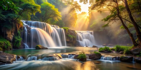 serene afternoon sun warm misty air gentle waterfall subtle motion blur peaceful ambiance