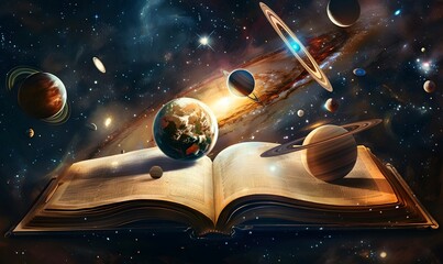 Book of the universe - opened magic book with planets and galaxies. 