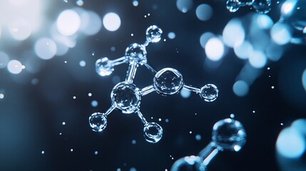 An abstract image of molecular structures surrounding a droplet of skincare serum, with the molecules glowing softly against a dark, gradient background