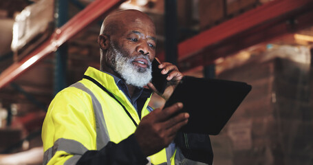 Logistics, black man and tablet with phone call for talking, coordinate shipment and confirm delivery. Supply chain, mature supervisor and digital with tech for inventory check, track stock and night © LuxeShutter24/peopleimages.com