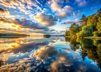 Fototapeta premium Serene Morning Reflections Calm Water Perfect Mirror Image Overcast Sky