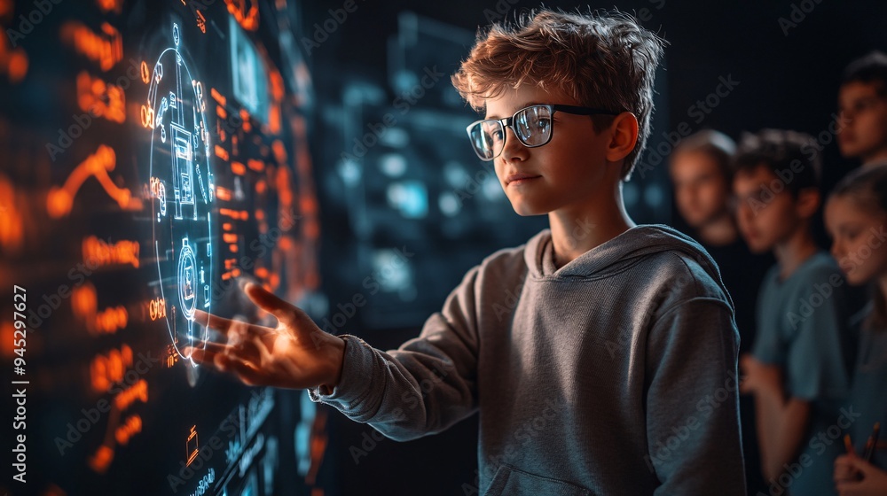Poster Teacher using a 3D hologram to explain complex engineering principles to college students Stock Photo with copy space