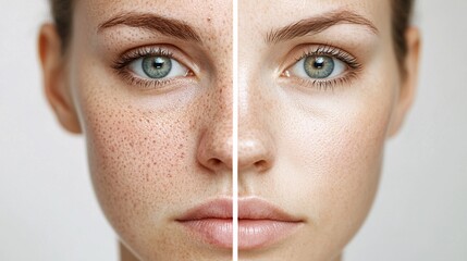 A split image of a woman's face showing the effects of a non-surgical cosmetic procedure, with one side showing acne scars and uneven skin tone and the other side displaying clear, smooth skin