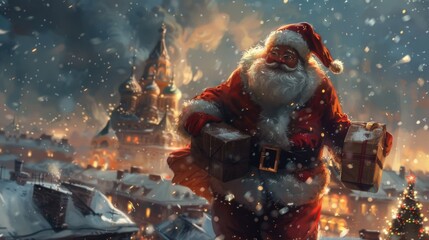Santa Claus carrying gifts in snowy town