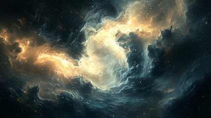 Abstract space scene with light beams and swirling gases