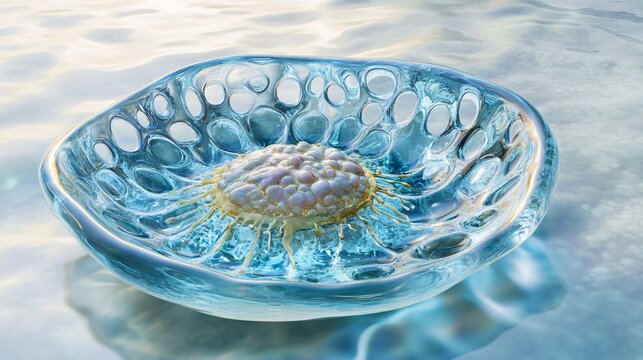 A highly detailed 3D rendering of a single human cell, showing the cell membrane, nucleus, and various organelles like mitochondria and endoplasmic reticulum, floating in a fluid environment with a