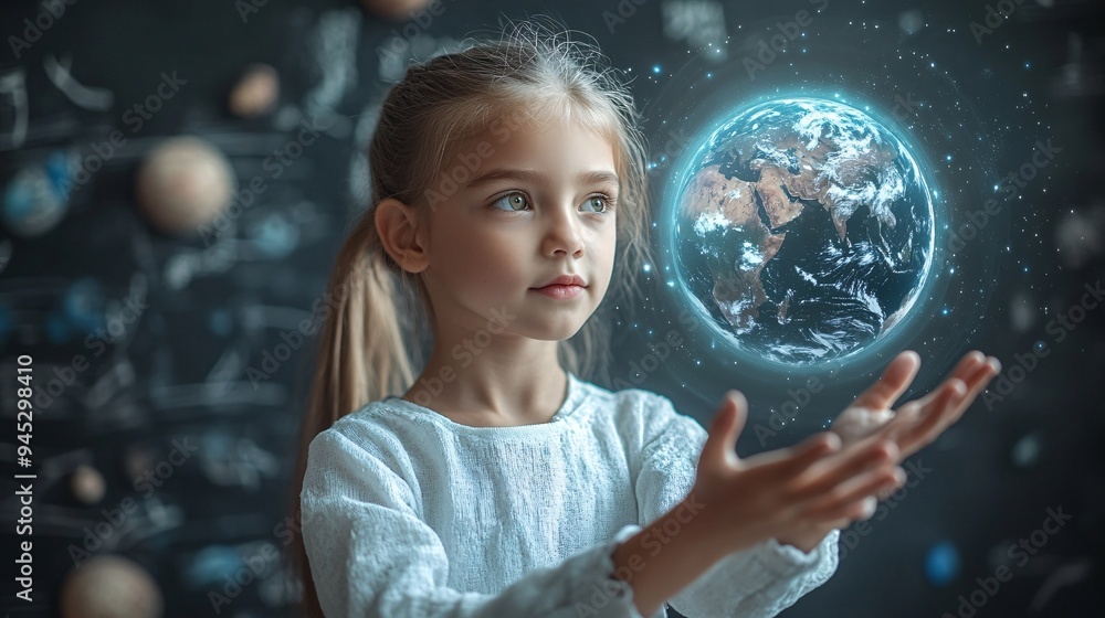 Aufkleber Teacher showing a 3D hologram of the Earths layers in a geology class for better understanding Stock Photo with copy space