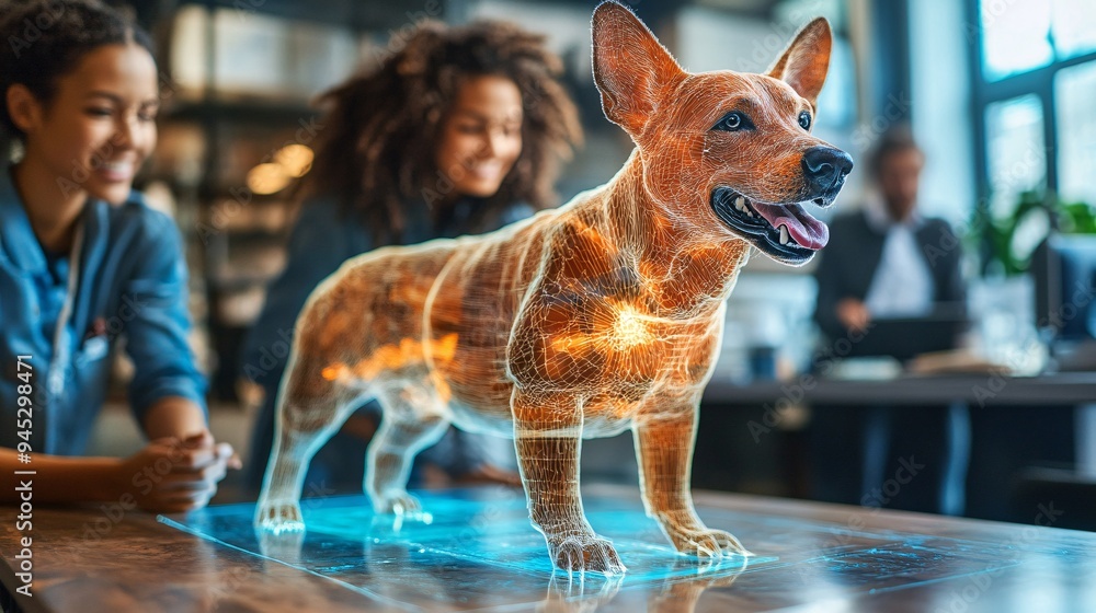 Poster students learning about the anatomy of animals using a 3d hologram in a veterinary school stock phot