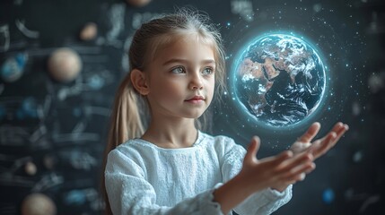 Naklejka premium Teacher showing a 3D hologram of the Earths layers in a geology class for better understanding Stock Photo with copy space