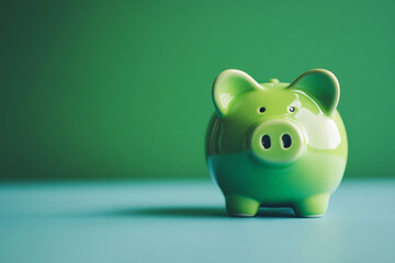 A bright green piggy bank on a smooth blue surface with a matching green background creating a playful vibe