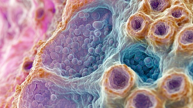 A microscopic view of an epithelial cell layer, showing the tightly packed cells with visible nuclei, forming a protective barrier in tissue, set against a light background