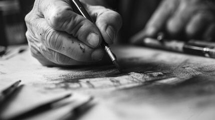 Obraz premium Close-up of hand sketching on paper.