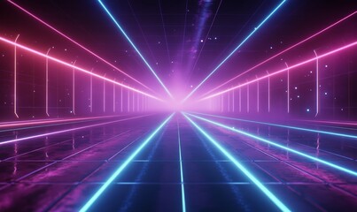 Futuristic neon cityscape with glowing grid at night under a starry sky