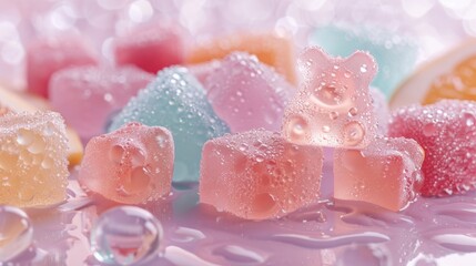 Macro shot of gummy bear-shaped ice cubes in translucent hues, minimalistic setting, various fruit slices, reflecting light with water droplets, enhancing their sweet and playful appearance.