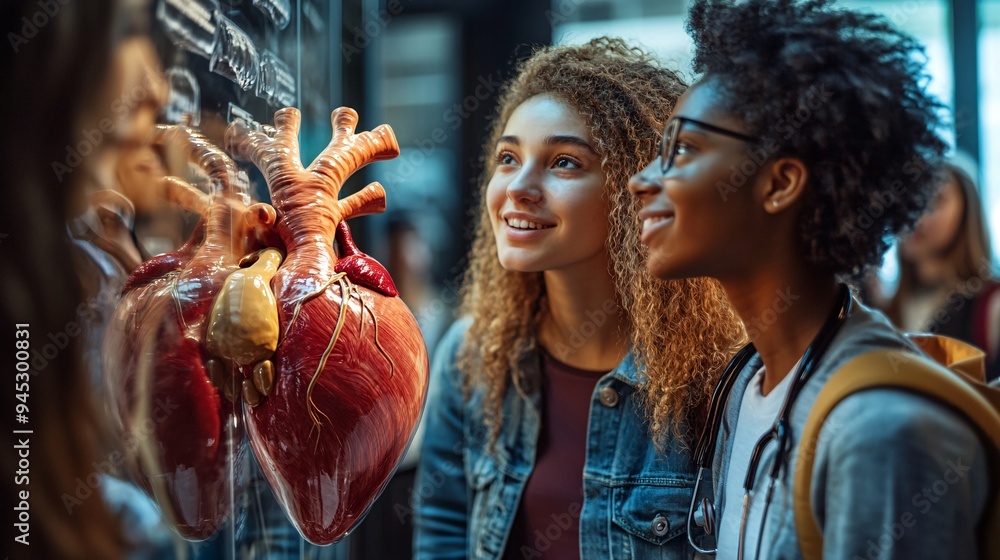 Poster students learning about the cardiovascular system with a 3d holographic heart in a medical school st