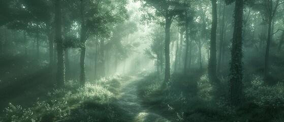 Tranquil Forest Path in Morning Mist with Sunlight Filtering Through Trees