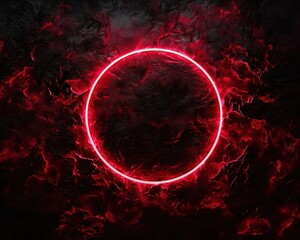 Glowing Red Neon Circle Amidst Dark Chaotic Background of Fiery-like Lightning