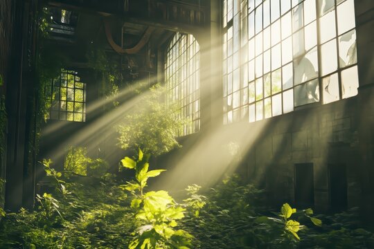 Fototapeta A sunlit, abandoned industrial space overtaken by lush green plants, showcasing nature reclaiming its territory.