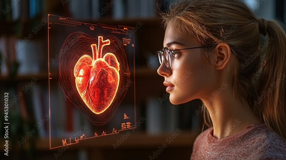 Poster students learning about the cardiovascular system with a 3d holographic heart in a medical school st