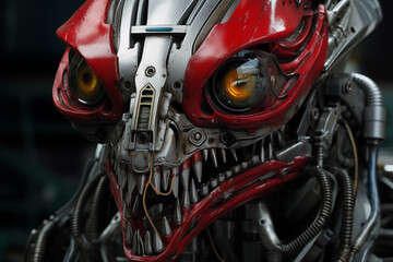 Fototapeta premium Red Robot Head with Open Mouth and Glowing Eyes