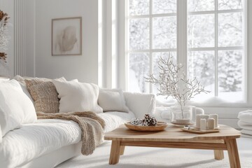 Naklejka premium photo of candinavian style living room interior with a sofa, coffee table, and a winter landscape outside the window 