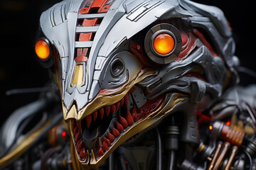 Robotic Creature Head with Glowing Eyes and Sharp Teeth