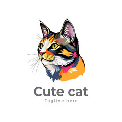 Colorful cat vector artwork on white background.  Cartoon Cat logo design. Cute Cat illustration for cat lover
