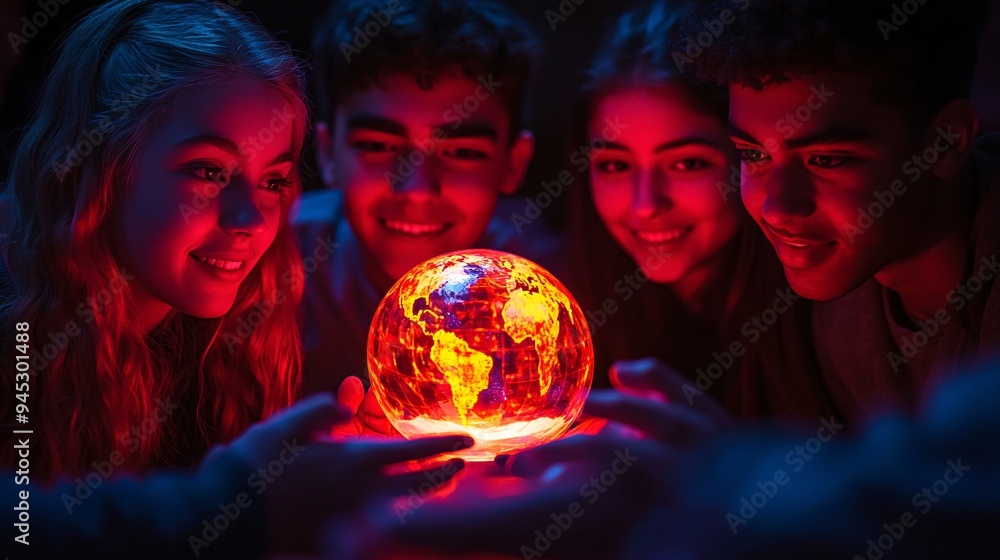 Poster students studying the effects of climate change using a 3d holographic model of the earth stock phot