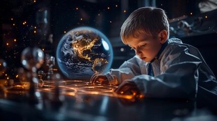 Students studying the effects of climate change using a 3D holographic model of the Earth Stock Photo with copy space