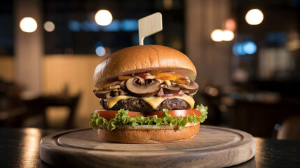 Delicious gourmet mushroom Swiss burger with melted cheese, fresh lettuce, and tomato on a toasted bun, served on a plate with a soft, cozy restaurant background. 