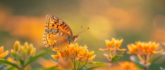 Obraz premium Vibrant Butterfly Perched Beautifully on Colorful Flower - Close-up Shot with Delicate Wing Patterns and Bokeh Background