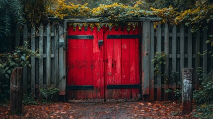 Rustic Red Wooden Gate in Enchanted Garden