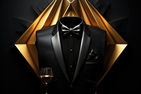 Black Tie Affair: A sleek tuxedo, complete with a crisp white shirt and a classic bow tie, rests against a backdrop of shimmering gold. A glass of wine adds a touch of elegance and sophistication.  