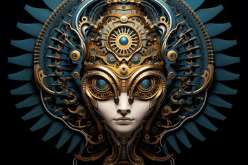 Steampunk Woman with Mechanical Head  Blue and Gold  Futuristic Portrait