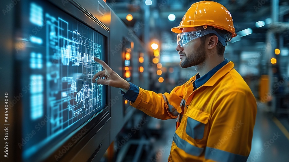 Aufkleber Engineer using a 3D hologram blueprint to diagnose issues in industrial machinery Stock Photo with copy space