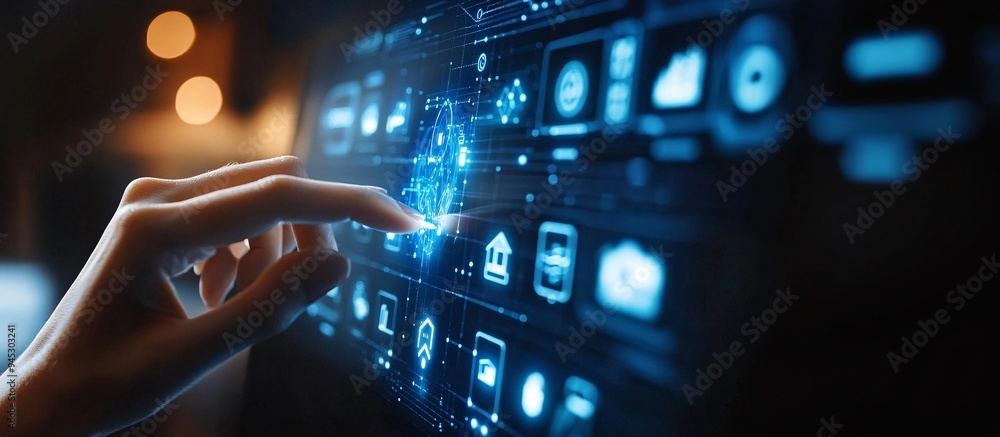 Aufkleber Homeowner interacting with a 3D hologram interface to control smart home systems Stock Photo with copy space