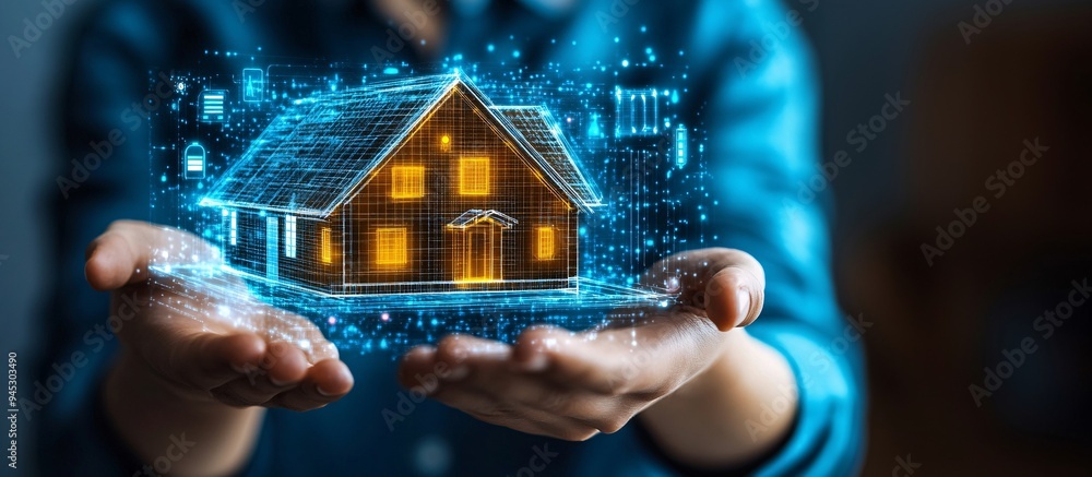 Poster Homeowner interacting with a 3D hologram interface to control smart home systems Stock Photo with copy space