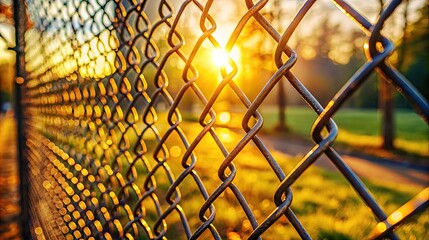 Chain link fence and post in focus on a sunny morning