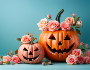 Halloween pumpkins with roses on turquoise background, copy space