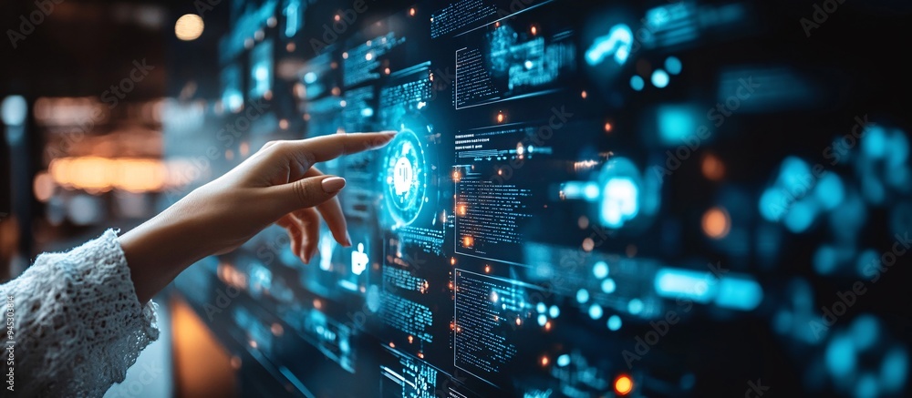 Aufkleber Homeowner interacting with a 3D hologram interface to control smart home systems Stock Photo with copy space