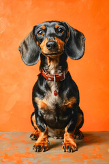 A painting of a dachshund dog sitting on an orange background